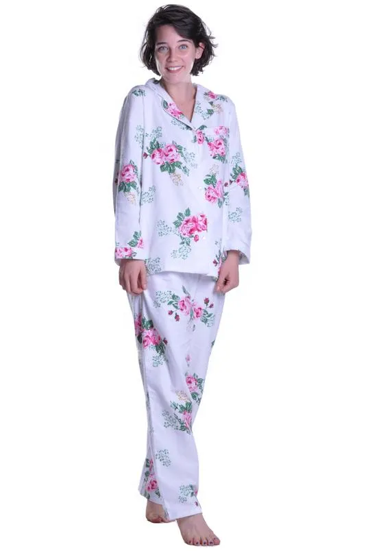 Pajamas Set - La Cera Flannel, L, White/Rose
