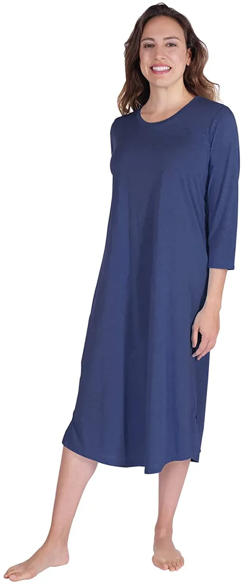 Gown - Cool-Jams Long Scoop Neck Nightgown 3/4 sleeves , Navy M