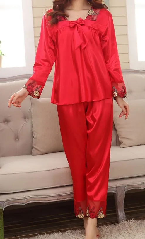 Pajama Set Silk Satin Bowknot, Red L
