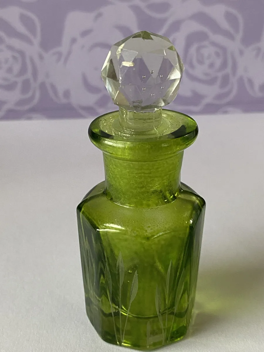 Perfume Bottle Hand Cut Glass, Green