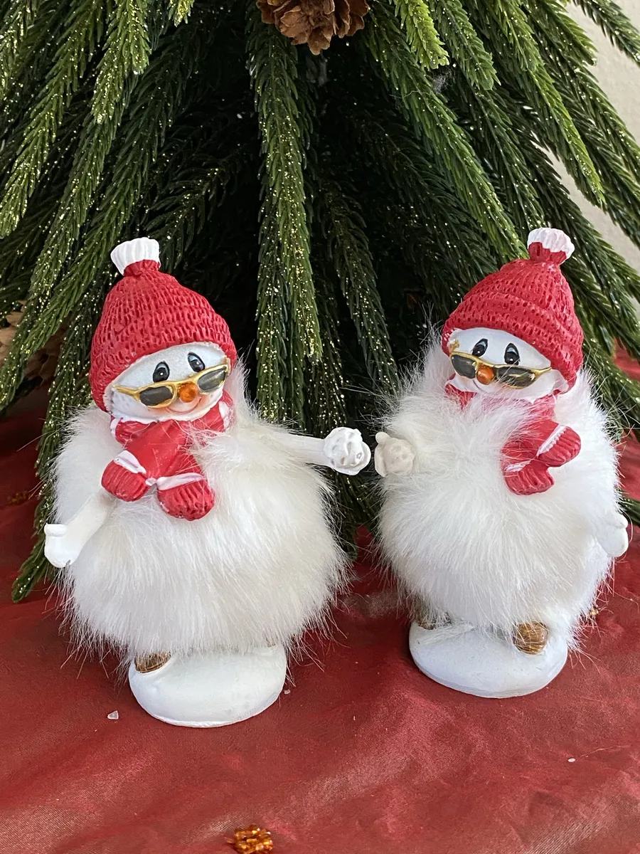 Christmas 4" Resin Fluffy Snowman Set of 2